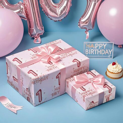 WRAPAHOLIC Girl 1st Birthday Wrapping Paper - Mini Roll - 17 Inch x 16.5 Feet - Happy Birthday Wrapping Paper Perfect for Kids Girls, Baby Shower in Saudi Arabia