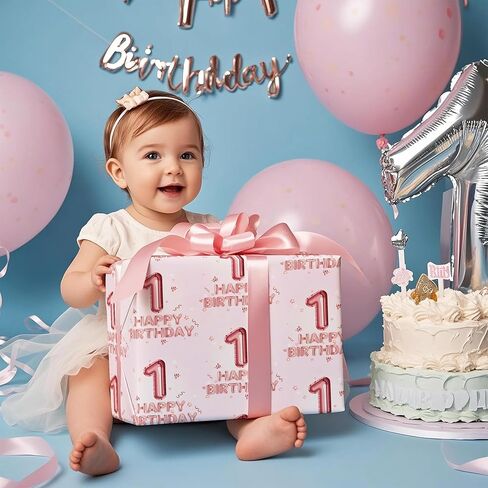 WRAPAHOLIC Girl 1st Birthday Wrapping Paper - Mini Roll - 17 Inch x 16.5 Feet - Happy Birthday Wrapping Paper Perfect for Kids Girls, Baby Shower in Saudi Arabia