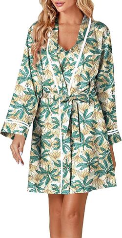 Vrtige Women's 3pcs Satin Pajamas Set Cami Top and Shorts Sleepwear PJs Set with Robe in Kuwait