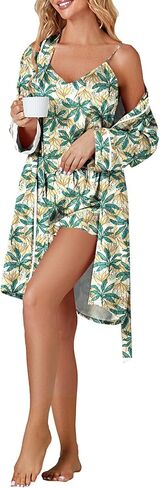 Vrtige Women's 3pcs Satin Pajamas Set Cami Top and Shorts Sleepwear PJs Set with Robe in Kuwait