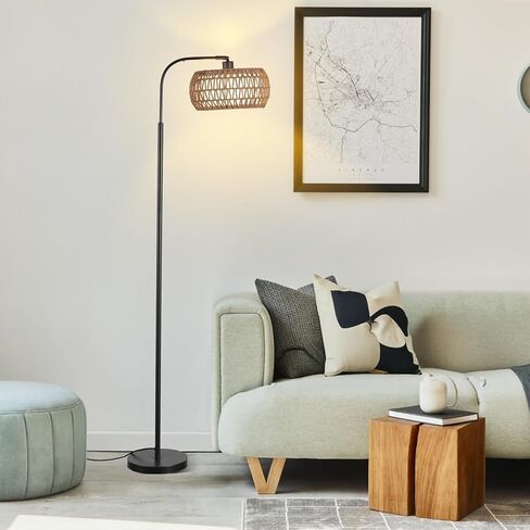 Arc Floor Lamp for Living Room，Boho Standing Lamp with Rattan & Fabric Shades,Farmhouse Floor Lamps with Foot Switch，Adjustable Tall Lamp for Bedroom, Office,LED Bulb Included in Saudi Arabia
