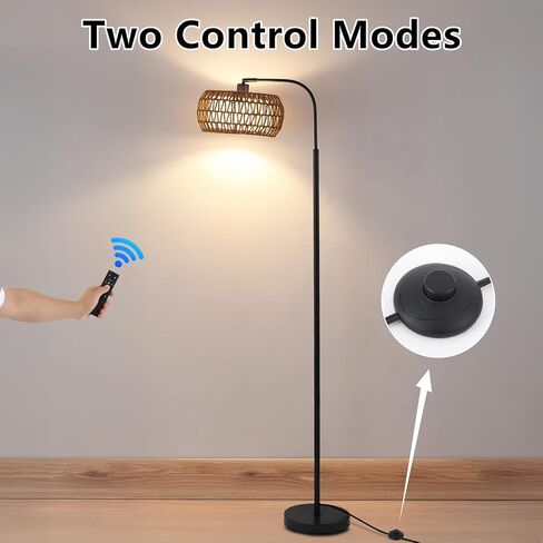 Arc Floor Lamp for Living Room，Boho Standing Lamp with Rattan & Fabric Shades,Farmhouse Floor Lamps with Foot Switch，Adjustable Tall Lamp for Bedroom, Office,LED Bulb Included in Saudi Arabia