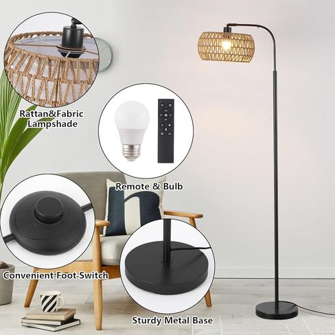 Arc Floor Lamp for Living Room，Boho Standing Lamp with Rattan & Fabric Shades,Farmhouse Floor Lamps with Foot Switch，Adjustable Tall Lamp for Bedroom, Office,LED Bulb Included in Saudi Arabia