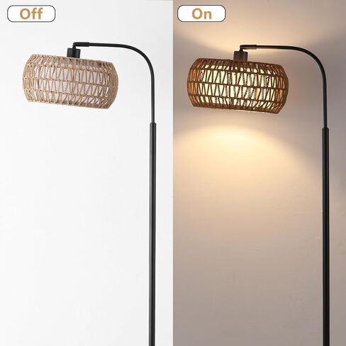 Arc Floor Lamp for Living Room，Boho Standing Lamp with Rattan & Fabric Shades,Farmhouse Floor Lamps with Foot Switch，Adjustable Tall Lamp for Bedroom, Office,LED Bulb Included in Saudi Arabia