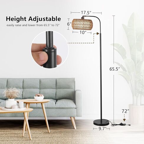 Arc Floor Lamp for Living Room，Boho Standing Lamp with Rattan & Fabric Shades,Farmhouse Floor Lamps with Foot Switch，Adjustable Tall Lamp for Bedroom, Office,LED Bulb Included in Saudi Arabia