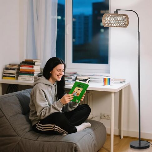 Arc Floor Lamp for Living Room，Boho Standing Lamp with Rattan & Fabric Shades,Farmhouse Floor Lamps with Foot Switch，Adjustable Tall Lamp for Bedroom, Office,LED Bulb Included in Saudi Arabia