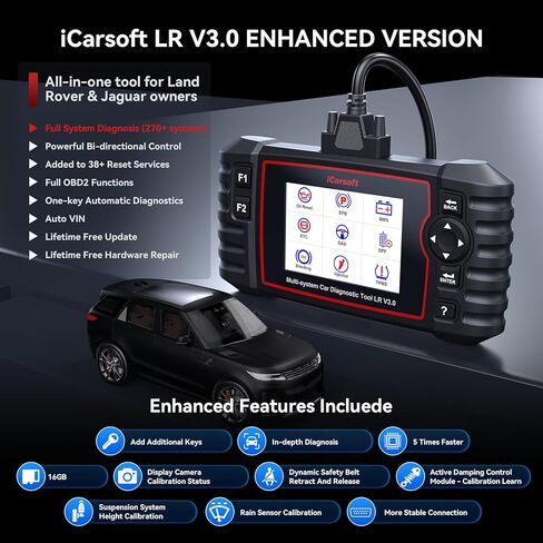 iCarsoft LR V3.0 2026 إصدار ماسح ضوئي obd2 ثنائي الاتجاه لمعظم أجهزة Land Rover/Jaguar من 1996-2023 أنظمة كاملة 37 أداة مسح تشخيصية للخدمة، قارئ رمز بيانات السيارة مع تحديث مجاني مدى الحياة in Saudi Arabia