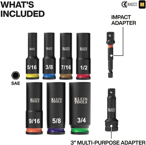 Klein Tools 65121IMPCT KNECT Deep-Well 3/8-Inch Drive Impact Socket Set, SAE and Metric, 23-Piece Tool Set, Impact Driver Adapter, Multi-Purpose Wrench Adapter, Color-Coded, MODbox Socket Organizer in Kuwait