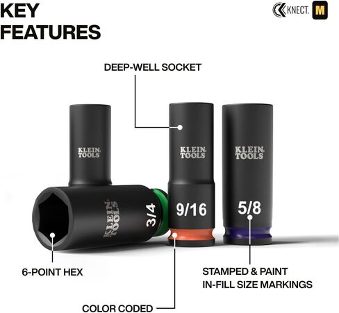 Klein Tools 65121IMPCT KNECT Deep-Well 3/8-Inch Drive Impact Socket Set, SAE and Metric, 23-Piece Tool Set, Impact Driver Adapter, Multi-Purpose Wrench Adapter, Color-Coded, MODbox Socket Organizer in Kuwait