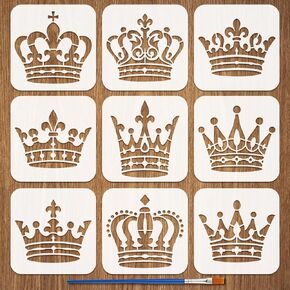 FINGERINSPIRE 9Pcs Crown Painting Stencil with Brush,5.9x5.9inch Queens Princess Art Stencils Reusable King Crown Template Plastic Drawing Stencils for Painting on Wood Wall Floor Fabric in Kuwait