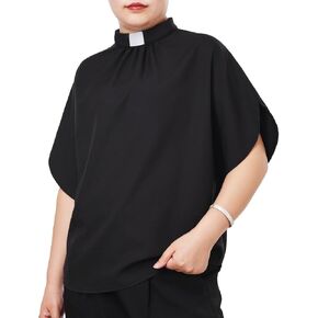 Womens Church Clergy Shirt Tab Collar Pleated Batwing Sleeves Blouse Top in Kuwait