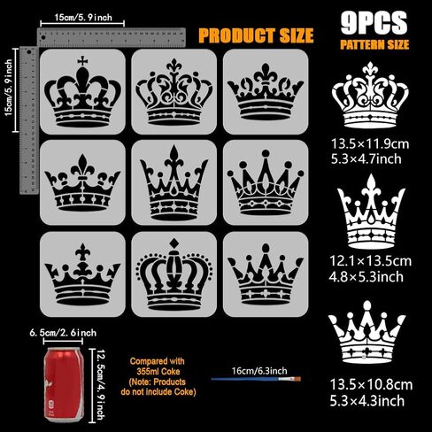 FINGERINSPIRE 9Pcs Crown Painting Stencil with Brush,5.9x5.9inch Queens Princess Art Stencils Reusable King Crown Template Plastic Drawing Stencils for Painting on Wood Wall Floor Fabric in Kuwait