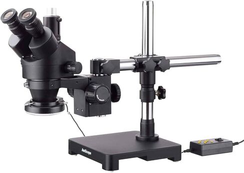 AmScope - 3.5X-180X Black Trinocular Stereo Zoom Microscope on Single Arm Boom Stand + 144 Direction Adjustable LED Ring Light + USB 3.0 5MP Camera - SM-3TZZ-144A-5M3-B in Saudi Arabia