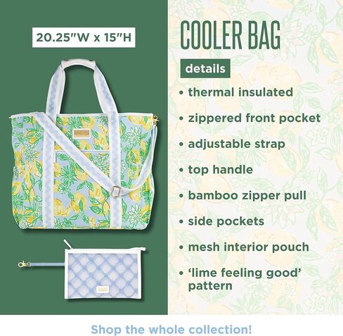 Lilly Pulitzer Yellow Picnic and Beach Cooler, Insulated Cooler Bag with Adjustable Shoulder Strap and Zippered Top, Large Soft Cooler for Groceries or Travel, Tropical Oasis in Saudi Arabia