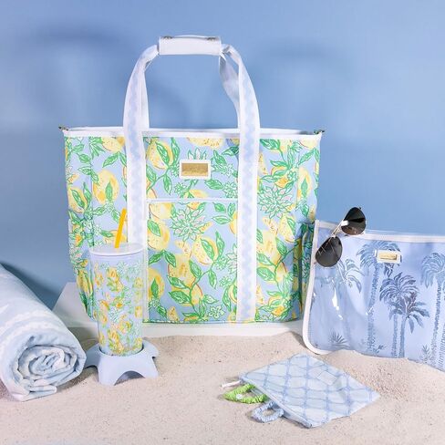 Lilly Pulitzer Yellow Picnic and Beach Cooler, Insulated Cooler Bag with Adjustable Shoulder Strap and Zippered Top, Large Soft Cooler for Groceries or Travel, Tropical Oasis in Saudi Arabia