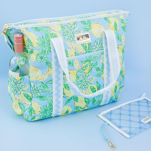 Lilly Pulitzer Yellow Picnic and Beach Cooler, Insulated Cooler Bag with Adjustable Shoulder Strap and Zippered Top, Large Soft Cooler for Groceries or Travel, Tropical Oasis in Saudi Arabia