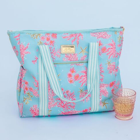 Lilly Pulitzer Yellow Picnic and Beach Cooler, Insulated Cooler Bag with Adjustable Shoulder Strap and Zippered Top, Large Soft Cooler for Groceries or Travel, Tropical Oasis in Saudi Arabia