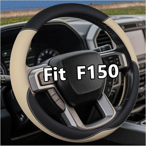 غطاء عجلة القيادة من جلد نابا لسيارة Ford F150/F250/F350، مقبض عجلة قيادة الشاحنة 15.5-16 بوصة، مسامي ومضاد للانزلاق، ملحقات شبه سيارة ممتازة (أسود) in Kuwait