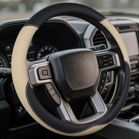 غطاء عجلة القيادة من جلد نابا لسيارة Ford F150/F250/F350، مقبض عجلة قيادة الشاحنة 15.5-16 بوصة، مسامي ومضاد للانزلاق، ملحقات شبه سيارة ممتازة (أسود) in Kuwait