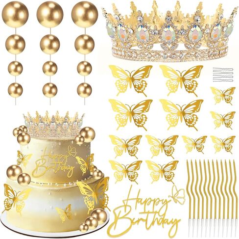 Birthday Crown Cake Topper, Cake Decorations with Happy Birthday Cake Topper, Balls, Gold Butterflies, Corona Para Pastel for Women, Princess, Wedding Party Decor (Gold & AB) in Saudi Arabia