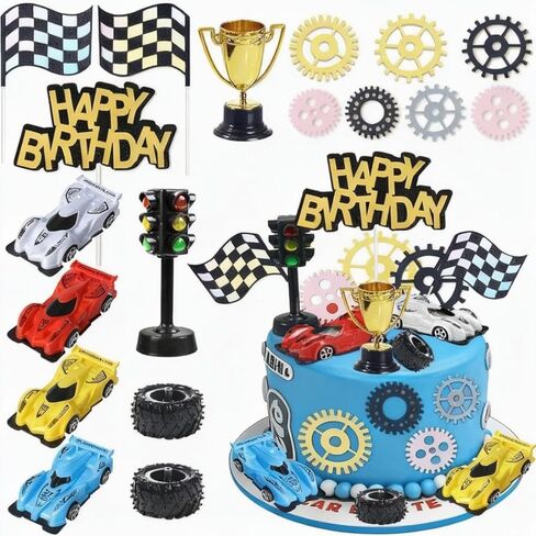 Race Car Birthday Cake Topper Set, 1st Birthday Cake Decorations, Route 66 Racing Theme with Checkered Flags, Sports Cars, Stars, Traffic Signs, Red and Black, 31Pieces in Saudi Arabia