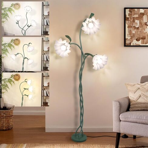 Vintage Flower Floor Lamp for Girls' Bedroom, Cute 3 Heads Floor Reading Light with Flexible Gooseneck, 3 Colors Modern Corner Standing Lamp with Lily for Living Room Office Home Decor, Bulbs Included in Saudi Arabia