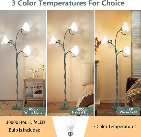 Vintage Flower Floor Lamp for Girls' Bedroom, Cute 3 Heads Floor Reading Light with Flexible Gooseneck, 3 Colors Modern Corner Standing Lamp with Lily for Living Room Office Home Decor, Bulbs Included in Saudi Arabia
