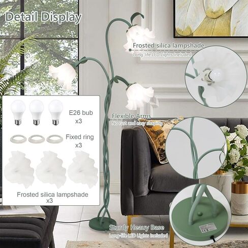 Vintage Flower Floor Lamp for Girls' Bedroom, Cute 3 Heads Floor Reading Light with Flexible Gooseneck, 3 Colors Modern Corner Standing Lamp with Lily for Living Room Office Home Decor, Bulbs Included in Saudi Arabia
