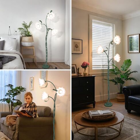 Vintage Flower Floor Lamp for Girls' Bedroom, Cute 3 Heads Floor Reading Light with Flexible Gooseneck, 3 Colors Modern Corner Standing Lamp with Lily for Living Room Office Home Decor, Bulbs Included in Saudi Arabia