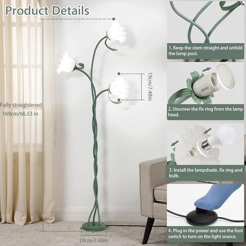 Vintage Flower Floor Lamp for Girls' Bedroom, Cute 3 Heads Floor Reading Light with Flexible Gooseneck, 3 Colors Modern Corner Standing Lamp with Lily for Living Room Office Home Decor, Bulbs Included in Saudi Arabia