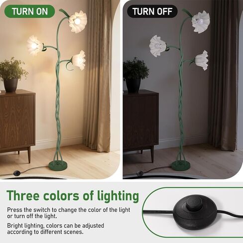 Vintage Flower Floor Lamp for Girls' Bedroom, Cute 3 Heads Floor Reading Light with Flexible Gooseneck, 3 Colors Modern Corner Standing Lamp with Lily for Living Room Office Home Decor, Bulbs Included in Saudi Arabia