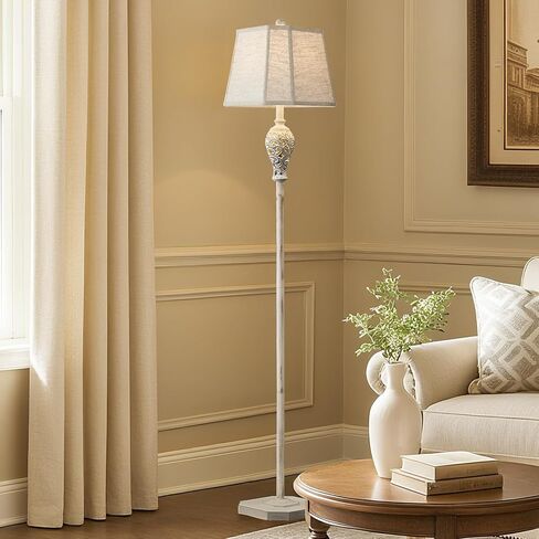 65'' Rustic Floor Lamp for Living Room with 2 Light Sources, Hollow Out Nightlight Resin Farmhouse Tall Standing Lamp for Bedroom Office Corner, Bulb Included (Wash White) in Saudi Arabia