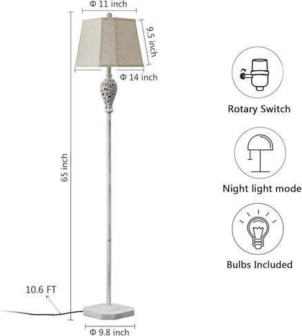 65'' Rustic Floor Lamp for Living Room with 2 Light Sources, Hollow Out Nightlight Resin Farmhouse Tall Standing Lamp for Bedroom Office Corner, Bulb Included (Wash White) in Saudi Arabia