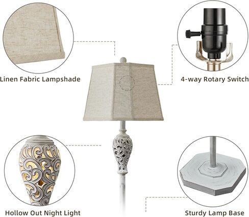 65'' Rustic Floor Lamp for Living Room with 2 Light Sources, Hollow Out Nightlight Resin Farmhouse Tall Standing Lamp for Bedroom Office Corner, Bulb Included (Wash White) in Saudi Arabia