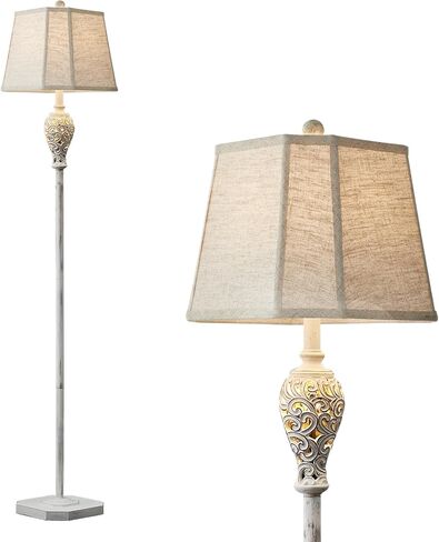 65'' Rustic Floor Lamp for Living Room with 2 Light Sources, Hollow Out Nightlight Resin Farmhouse Tall Standing Lamp for Bedroom Office Corner, Bulb Included (Wash White) in Saudi Arabia