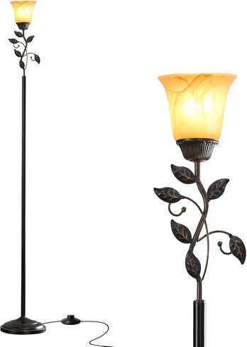 72" Flower Farmhouse Floor Lamp for Living Room, Unique Rustic Leaf Tall Standing Lamp with Amber Glass Shade and Traditional Foot Switch for Bedroom, Corner, Office, Bulb Included (Bronze) in Saudi Arabia