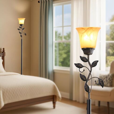 72" Flower Farmhouse Floor Lamp for Living Room, Unique Rustic Leaf Tall Standing Lamp with Amber Glass Shade and Traditional Foot Switch for Bedroom, Corner, Office, Bulb Included (Bronze) in Saudi Arabia
