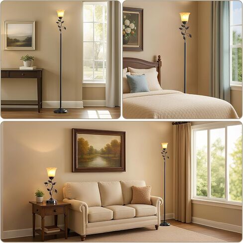 72" Flower Farmhouse Floor Lamp for Living Room, Unique Rustic Leaf Tall Standing Lamp with Amber Glass Shade and Traditional Foot Switch for Bedroom, Corner, Office, Bulb Included (Bronze) in Saudi Arabia