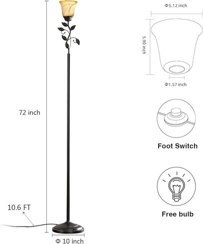 72" Flower Farmhouse Floor Lamp for Living Room, Unique Rustic Leaf Tall Standing Lamp with Amber Glass Shade and Traditional Foot Switch for Bedroom, Corner, Office, Bulb Included (Bronze) in Saudi Arabia