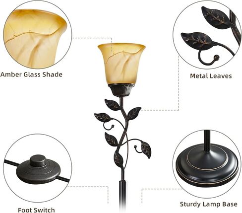 72" Flower Farmhouse Floor Lamp for Living Room, Unique Rustic Leaf Tall Standing Lamp with Amber Glass Shade and Traditional Foot Switch for Bedroom, Corner, Office, Bulb Included (Bronze) in Saudi Arabia