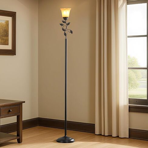 72" Flower Farmhouse Floor Lamp for Living Room, Unique Rustic Leaf Tall Standing Lamp with Amber Glass Shade and Traditional Foot Switch for Bedroom, Corner, Office, Bulb Included (Bronze) in Saudi Arabia