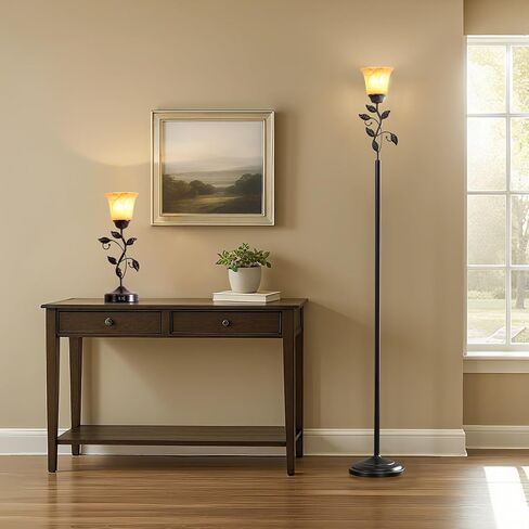 72" Flower Farmhouse Floor Lamp for Living Room, Unique Rustic Leaf Tall Standing Lamp with Amber Glass Shade and Traditional Foot Switch for Bedroom, Corner, Office, Bulb Included (Bronze) in Saudi Arabia