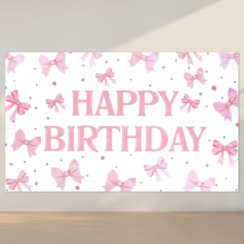 Pink Happy Birthday Backdrop Banner Coquette Bow Happy Birthday Banner 5.9x3.6ft Bow Themed Party Decorations For Girls Women Photography Bachelorette Party Decor in Saudi Arabia