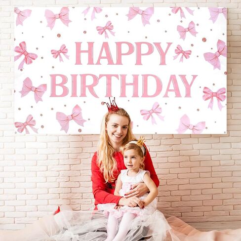Pink Happy Birthday Backdrop Banner Coquette Bow Happy Birthday Banner 5.9x3.6ft Bow Themed Party Decorations For Girls Women Photography Bachelorette Party Decor in Saudi Arabia
