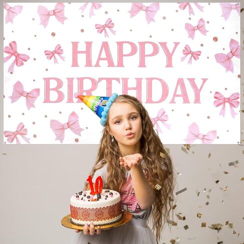 Pink Happy Birthday Backdrop Banner Coquette Bow Happy Birthday Banner 5.9x3.6ft Bow Themed Party Decorations For Girls Women Photography Bachelorette Party Decor in Saudi Arabia