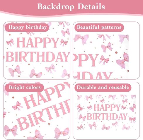 Pink Happy Birthday Backdrop Banner Coquette Bow Happy Birthday Banner 5.9x3.6ft Bow Themed Party Decorations For Girls Women Photography Bachelorette Party Decor in Saudi Arabia