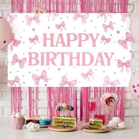 Pink Happy Birthday Backdrop Banner Coquette Bow Happy Birthday Banner 5.9x3.6ft Bow Themed Party Decorations For Girls Women Photography Bachelorette Party Decor in Saudi Arabia
