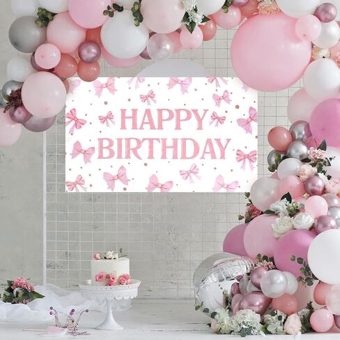 Pink Happy Birthday Backdrop Banner Coquette Bow Happy Birthday Banner 5.9x3.6ft Bow Themed Party Decorations For Girls Women Photography Bachelorette Party Decor in Saudi Arabia