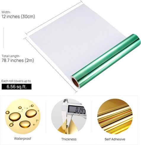 ورق مرآة ذهبي لاصق من Stickyart - مرآة ذاتية اللصق غير زجاجية للحرف اليدوية، ورق لاصق دائم من الفينيل العاكس للماء لتزيين سطح الطاولة بنفسك، 30.48 سم × 78.7 سم in Kuwait