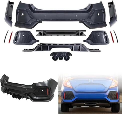 Type R Style Rear Bumper Cover Set,Compatible with 2016-2021 Honda Civic Sedan,Primed with Sensor Holes in Saudi Arabia